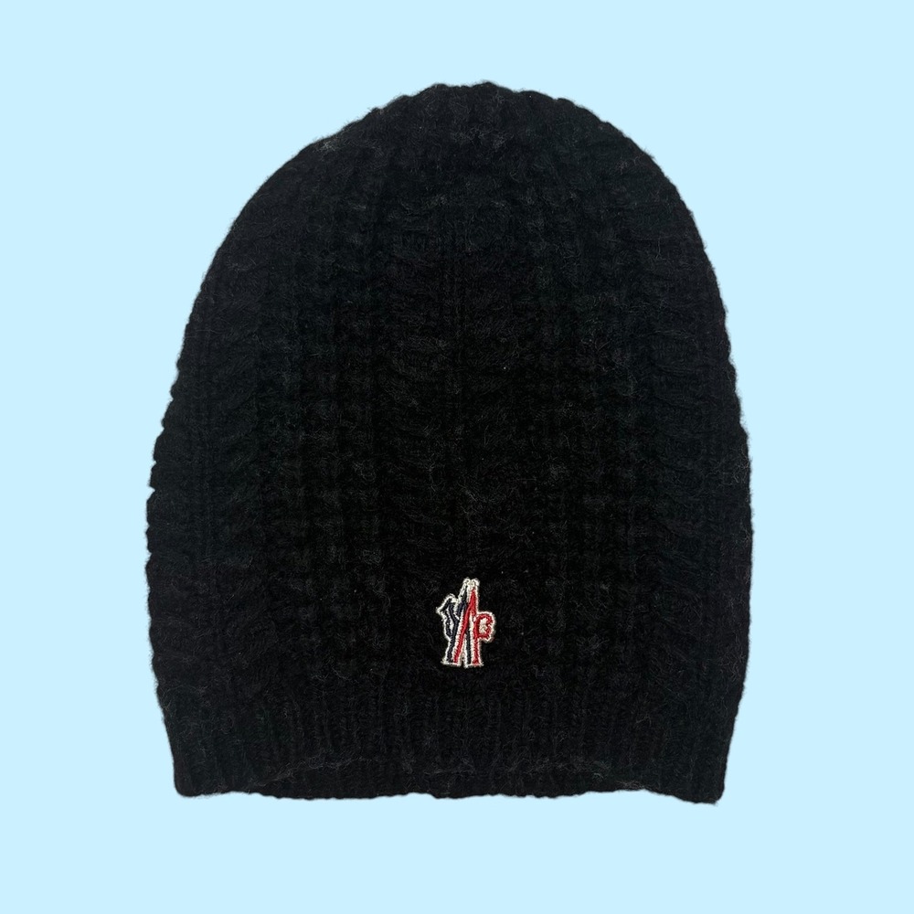 Moncler Mens Black Cable Knit Beanie Wool Blend Logo Patch Winter Hat